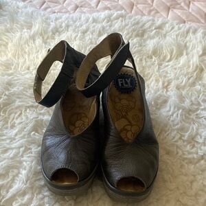 Fly London Women's Dark Gray Platform Peep Toe Shoes